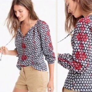 J. Crew Navy and Red Floral V-Neck Peasant Blouse, Sz 10